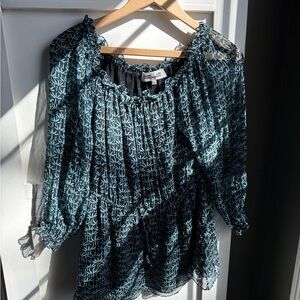 EUC Blue And Black Diana Von Furstenberg Silk Blouse Off The Shoulder Sz 4